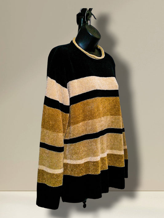 Erika chenille striped sweater, side view showing color-blocked stripes