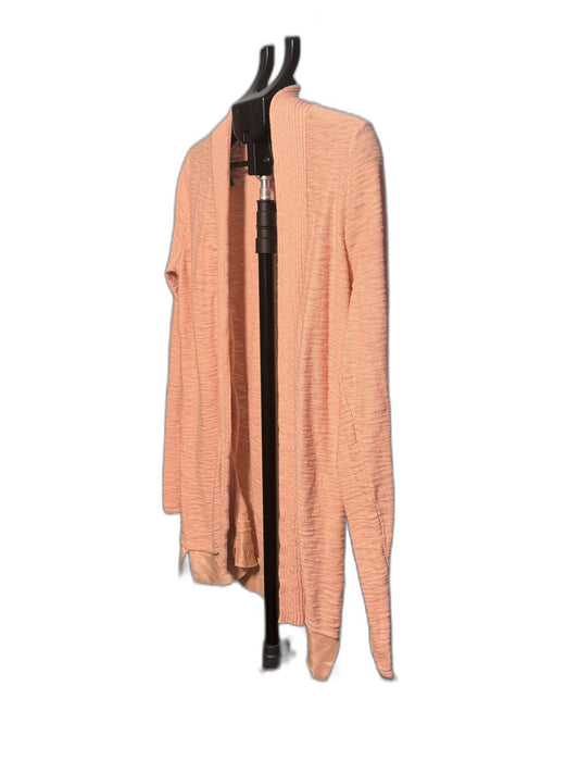 LC Lauren Conrad ribbed open front cardigan, peach pink, side view flat
