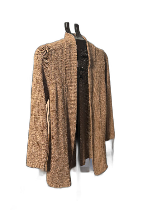 August Silk ribbed open front cardigan, tan, side view flat