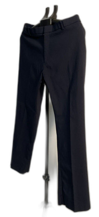 Black wide-leg trousers displayed on a hanger against a plain white background.