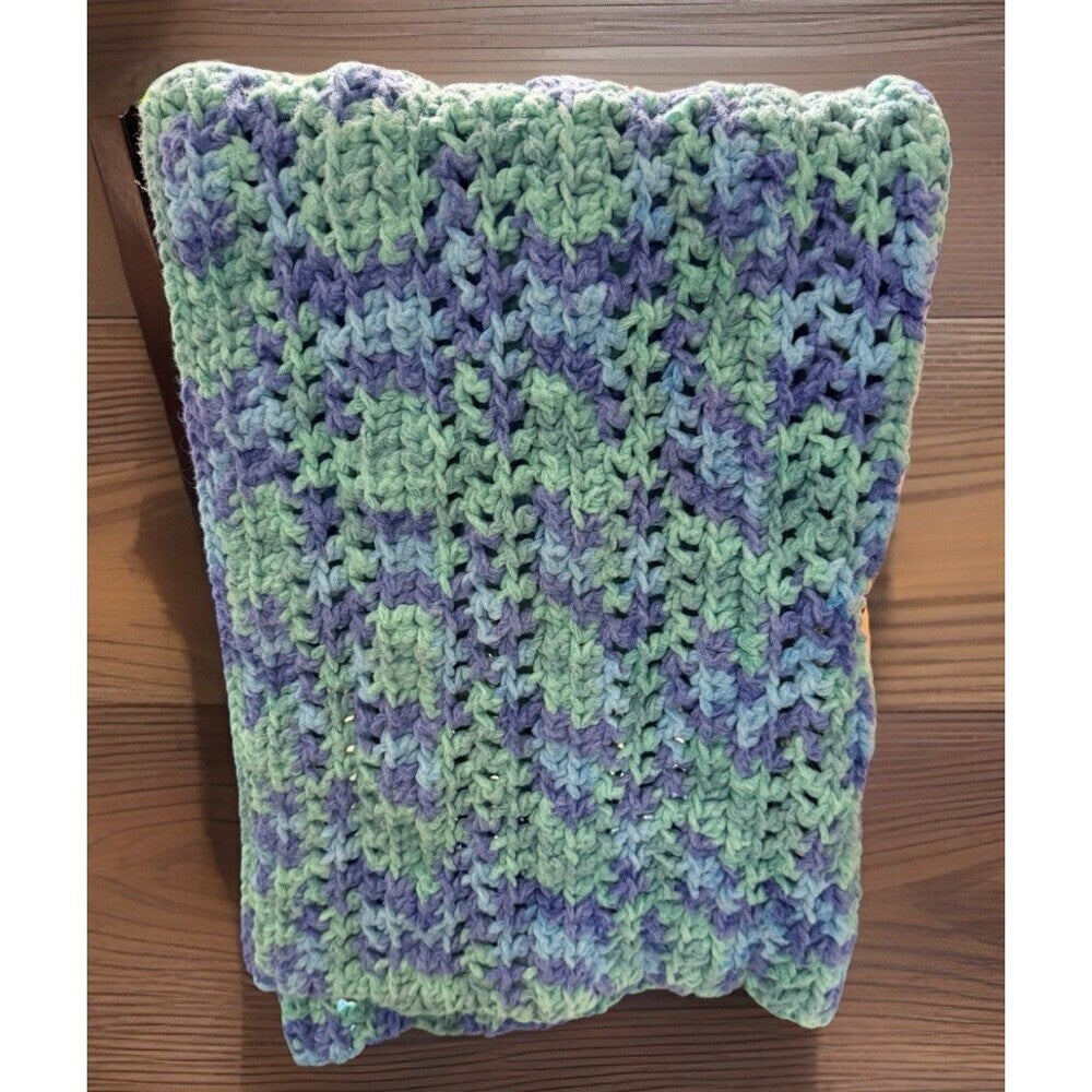 Handmade Crochet Blue Green Plush Baby Blanket 29"x29"
