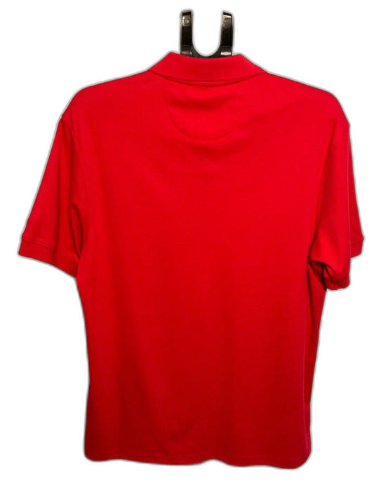 A bright red short-sleeve polo shirt shown from the back, hanging on a black hanger against a plain white background.