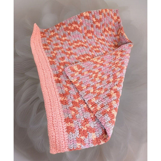 Handmade Crocheted Super Soft Peach & Pink Plush Baby Blanket 35"x28"
