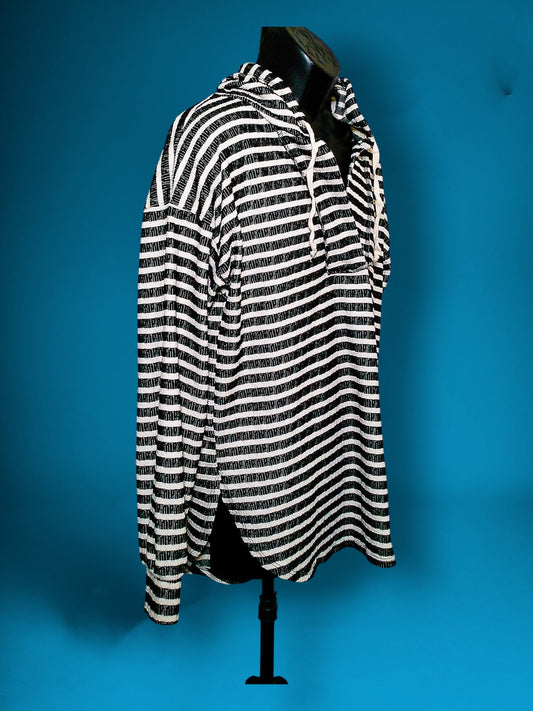 Heimish USA striped hooded pullover, side/front angle view