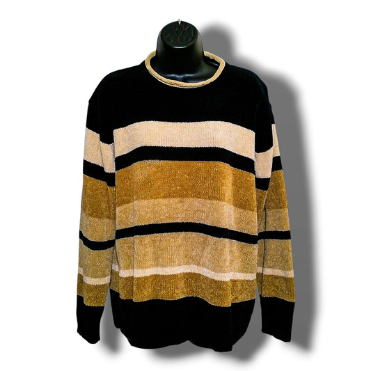 Erika black, mustard, and tan colorblock striped chenille crewneck sweater, front view on mannequin
