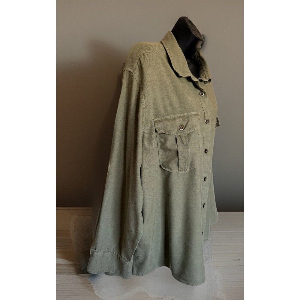 A.N.A. Women's Long-Sleeved Button Down Olive Green Collared Women's Blouse XL