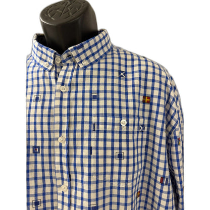 Artistry In Motion Mens XL Shirt Blue Gingham Nautical Signal Flags Long Sleeve