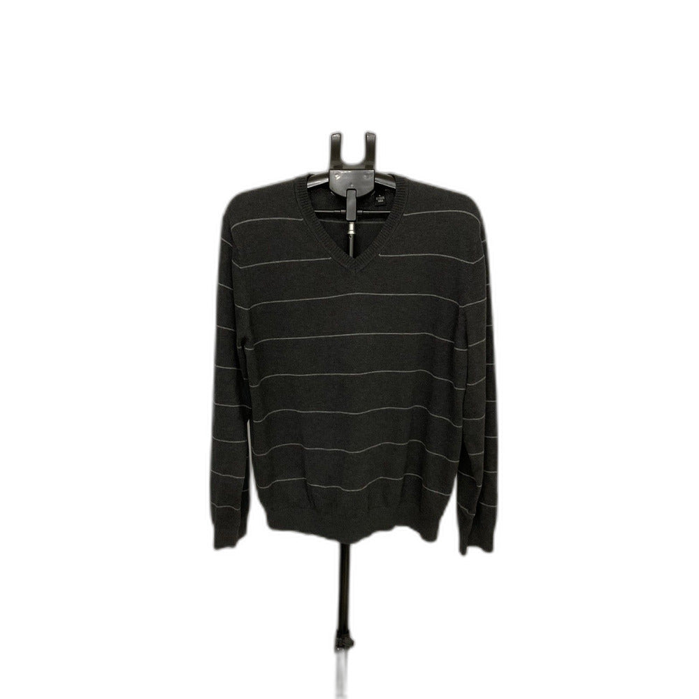 Van Heusen Men's Sweater Large Gray Striped V-Neck Cotton Blend Pullover