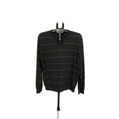 Van Heusen Men's Sweater Large Gray Striped V-Neck Cotton Blend Pullover