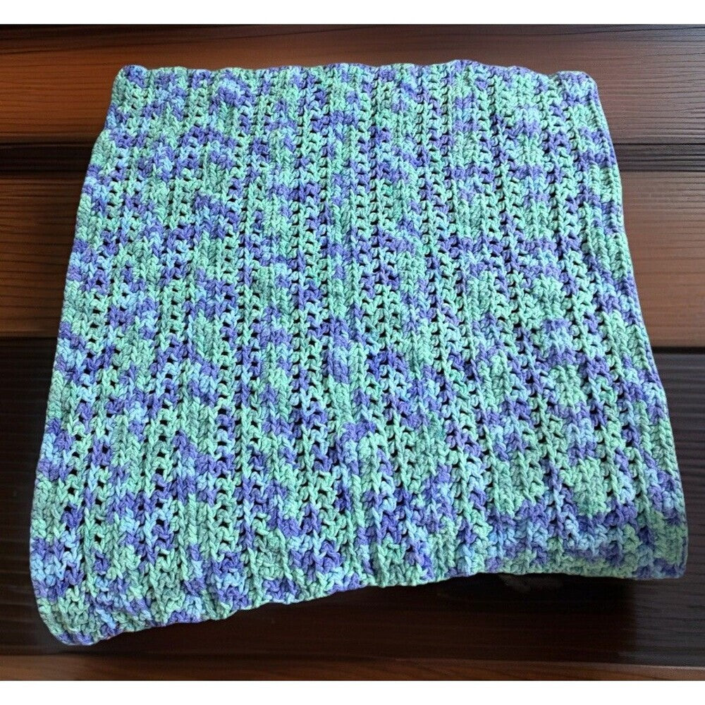 Handmade Crochet Blue Green Plush Baby Blanket 29"x29"