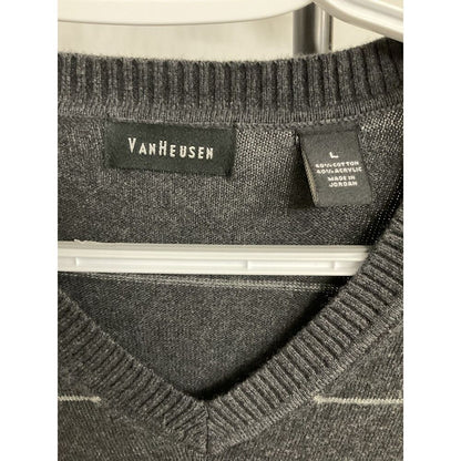 Van Heusen Men's Sweater Large Gray Striped V-Neck Cotton Blend Pullover