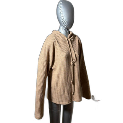 Ribbed Knit Pullover Tunic Hoodie Sweater - Camel S