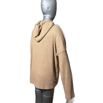 Ribbed Knit Pullover Tunic Hoodie Sweater - Camel S