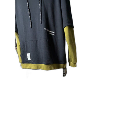 Gurunvani "Future" Contrast Patchwork Layered Hoodie - Black/Olive Green L