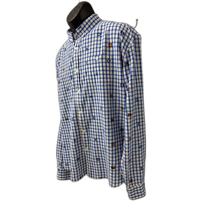 Artistry In Motion Mens XL Shirt Blue Gingham Nautical Signal Flags Long Sleeve