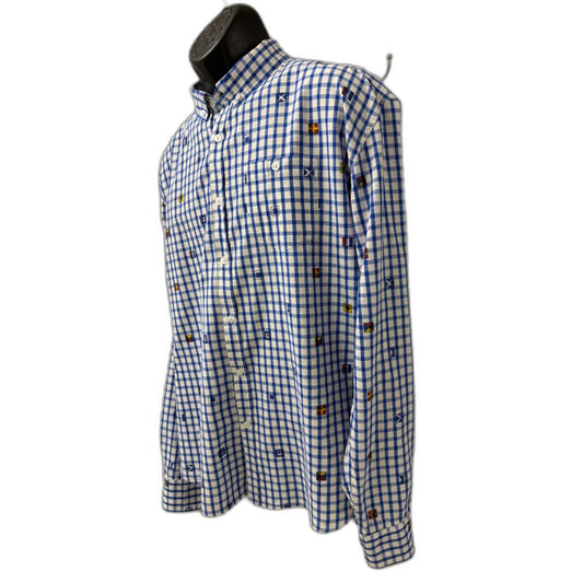 Artistry In Motion Mens XL Shirt Blue Gingham Nautical Signal Flags Long Sleeve