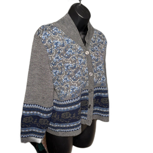 VTG Norton McNaughton Petites Gray Blue Floral Jacquard Cardigan Sweater Size P