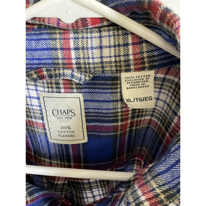 Chaps Men's XL Blue Red Plaid 100% Cotton Flannel Button Down Shirt