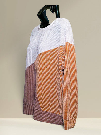 Automet colorblock ribbed knit sweater, close side view of diagonal colorblock design