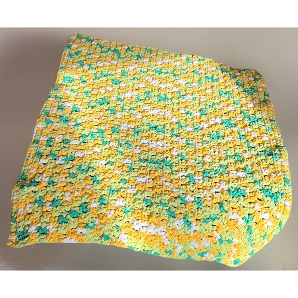 Handmade Crochet Super Soft Lemon Lime Baby Blanket Green Yellow 35" x 28"