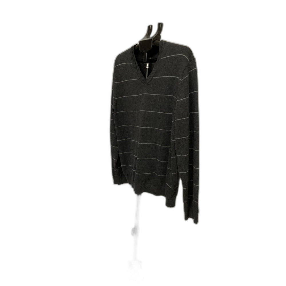 Van Heusen Men's Sweater Large Gray Striped V-Neck Cotton Blend Pullover