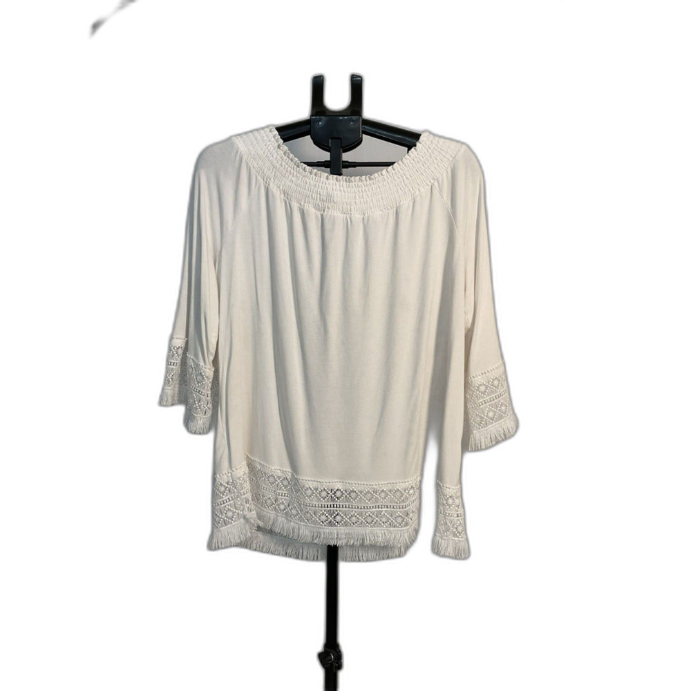 Chico's White Boho Crochet Fringe Top Size 2 (L)
