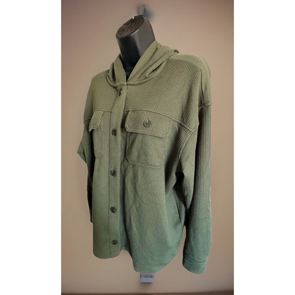 Time & Tru Women's Hooded Ribbed Shacket Olive Green Button Up Jacket Size M