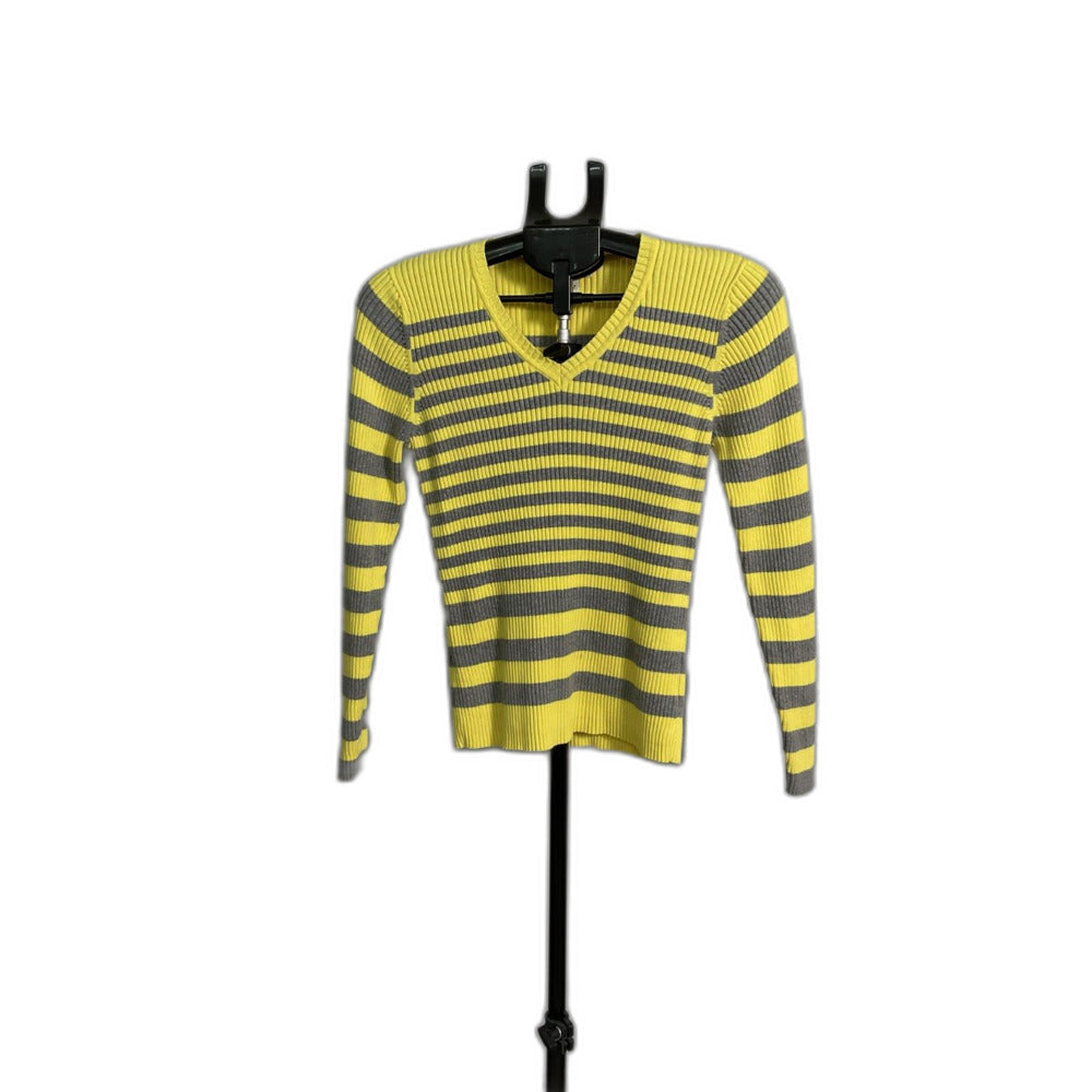 St. John's Bay Yellow Grey Striped V-Neck Sweater L