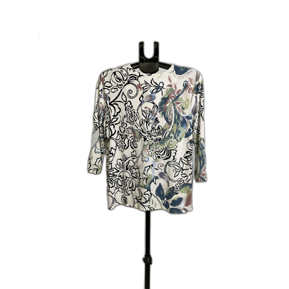 Chico's Floral Print Asymmetric Hem Top Size 2 (Large)