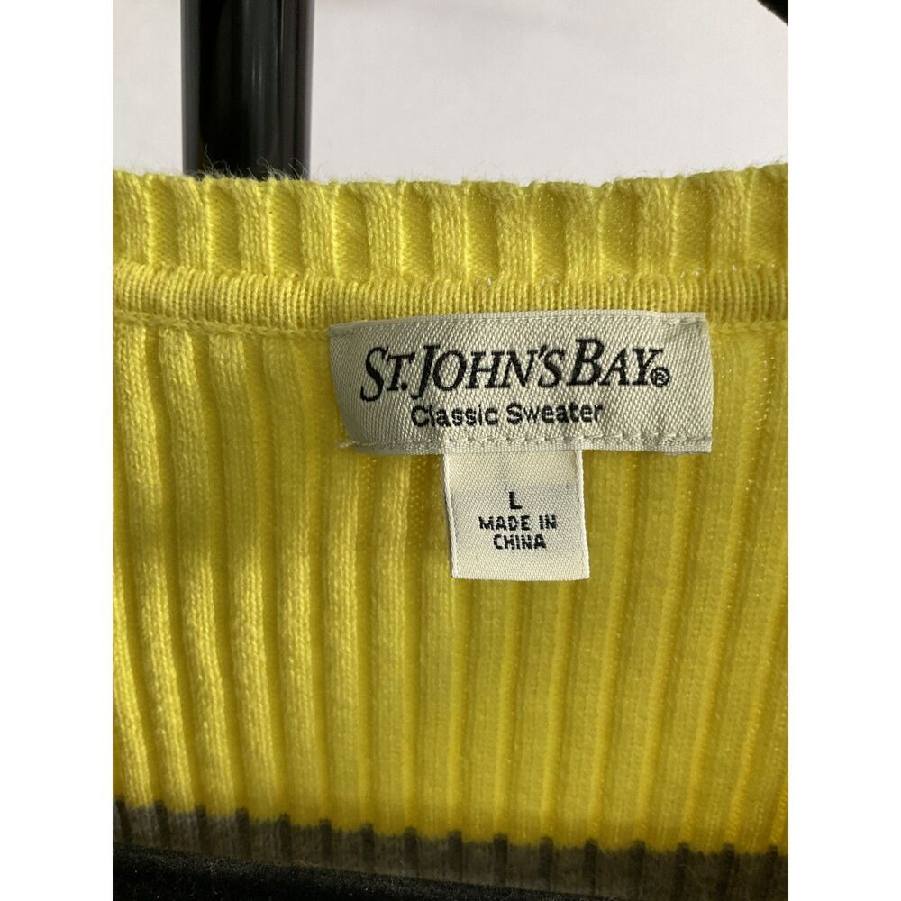 St. John's Bay Yellow Grey Striped V-Neck Sweater L