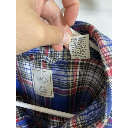 Chaps Men's XL Blue Red Plaid 100% Cotton Flannel Button Down Shirt