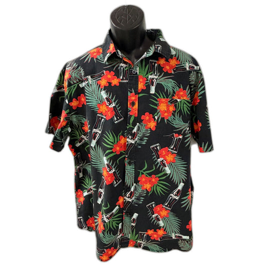 Vintage Coca-Cola Black Red Floral Hawaiian Button Up Shirt XL Resort Camp Dad