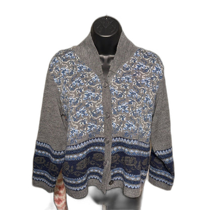 VTG Norton McNaughton Petites Gray Blue Floral Jacquard Cardigan Sweater Size P