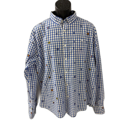 Artistry In Motion Mens XL Shirt Blue Gingham Nautical Signal Flags Long Sleeve