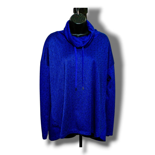 Liz Claiborne Weekend royal blue diamond jacquard cowl neck tunic sweater, front view on mannequin