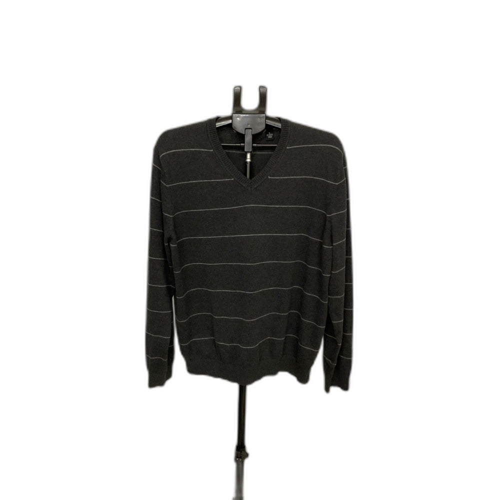Van Heusen Men's Sweater Large Gray Striped V-Neck Cotton Blend Pullover