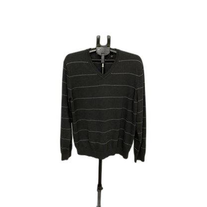 Van Heusen Men's Sweater Large Gray Striped V-Neck Cotton Blend Pullover