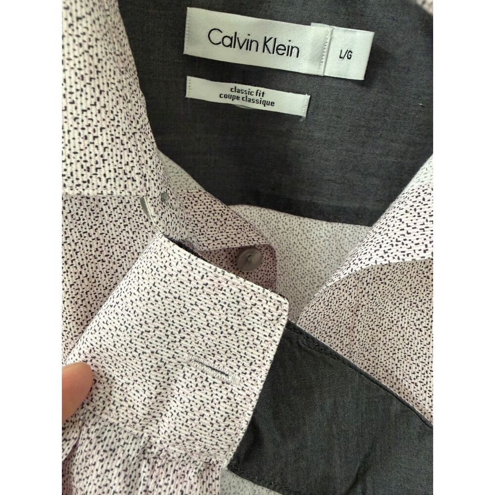 Calvin Klein Mens Dress Shirt Large Pink White Micro Geometric Print Long Sleeve