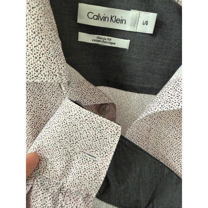 Calvin Klein Mens Dress Shirt Large Pink White Micro Geometric Print Long Sleeve