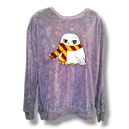 Front of Harry Potter XL gray lavender velour sleep top with Hedwig owl and red and gold scarf