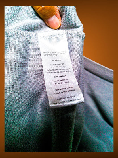 Content label showing 100 percent polyester sleepwear size extra large made in China