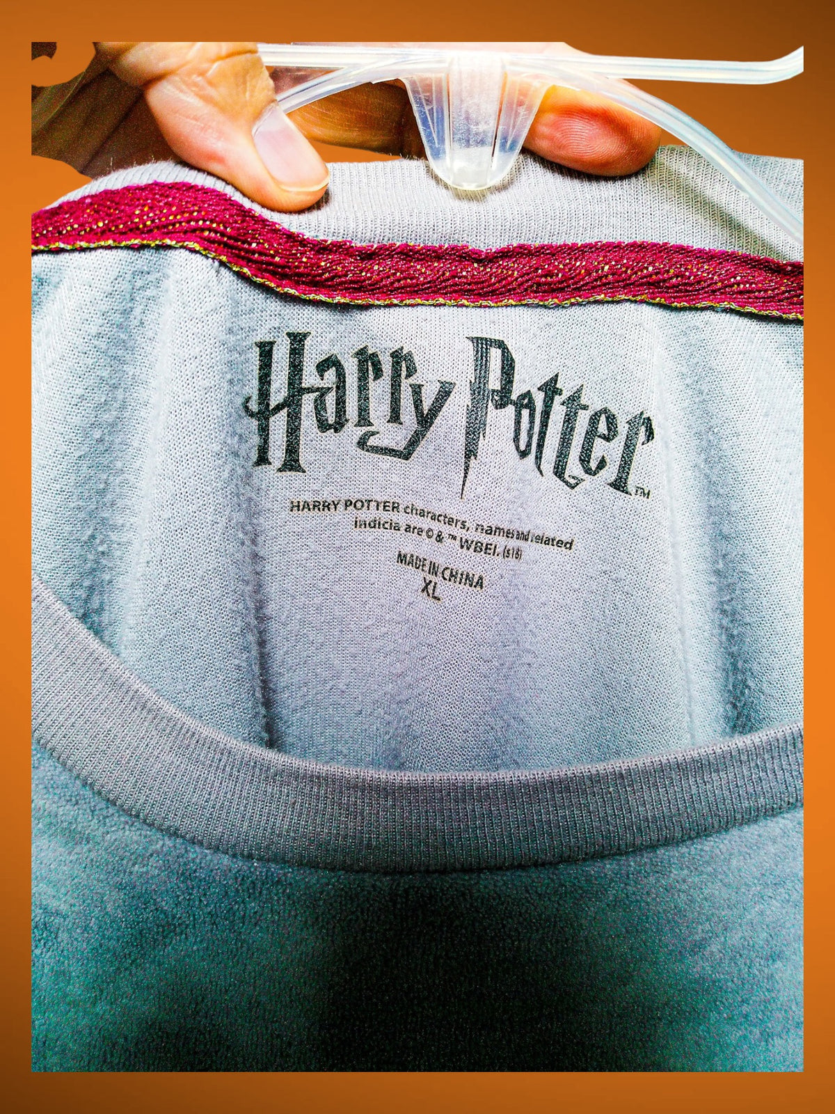 Harry Potter neck label showing XL and made in China