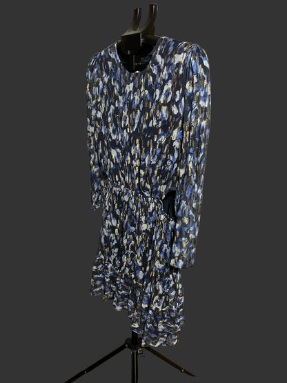 A long-sleeve midi dress with a blue, black, and beige abstract pattern, displayed on a black dress form against a white studio backdrop.