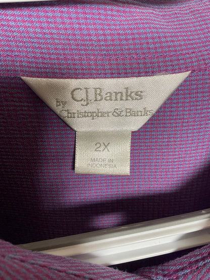 CJ Banks Short Sleeve Button Up Top Textured Grid 2X Purple