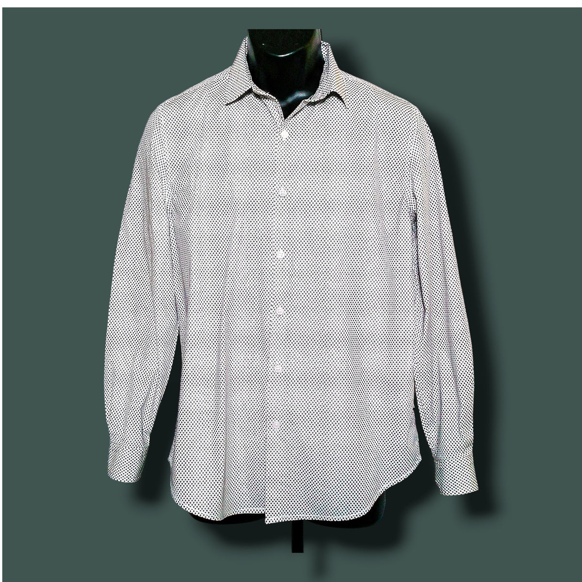 A long-sleeve button-up dress shirt with a fine white and gray micro-check pattern, displayed on a black mannequin torso against a dark green background.