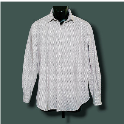 A long-sleeve button-up dress shirt with a fine white and gray micro-check pattern, displayed on a black mannequin torso against a dark green background.