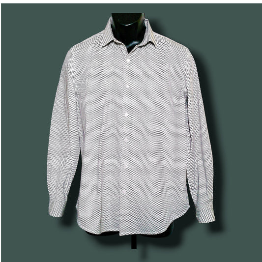 A long-sleeve button-up dress shirt with a fine white and gray micro-check pattern, displayed on a black mannequin torso against a dark green background.
