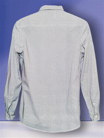 A long-sleeve button-up shirt shown from the back, featuring a small repeating geometric pattern in white and dark gray on a light gray base, set against a blue gradient background.
