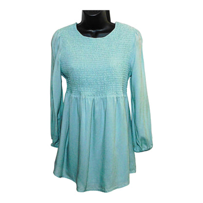 Front view of Isabel by Ingrid & Isabel blue smocked maternity top with long sleeves