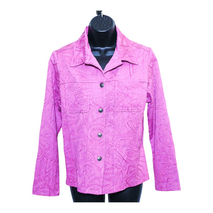Front view of pink Kaktus textured button-front jacket
